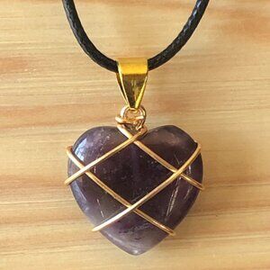 Amethyst Heart Natural Gemstone Gold Wire Winded Pendant Necklace
